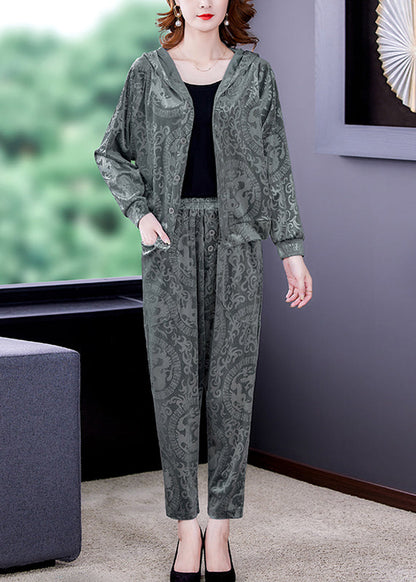 Grey Button Silk Velour Hooded Coats and Harem Pants Two Pieces Set Fall