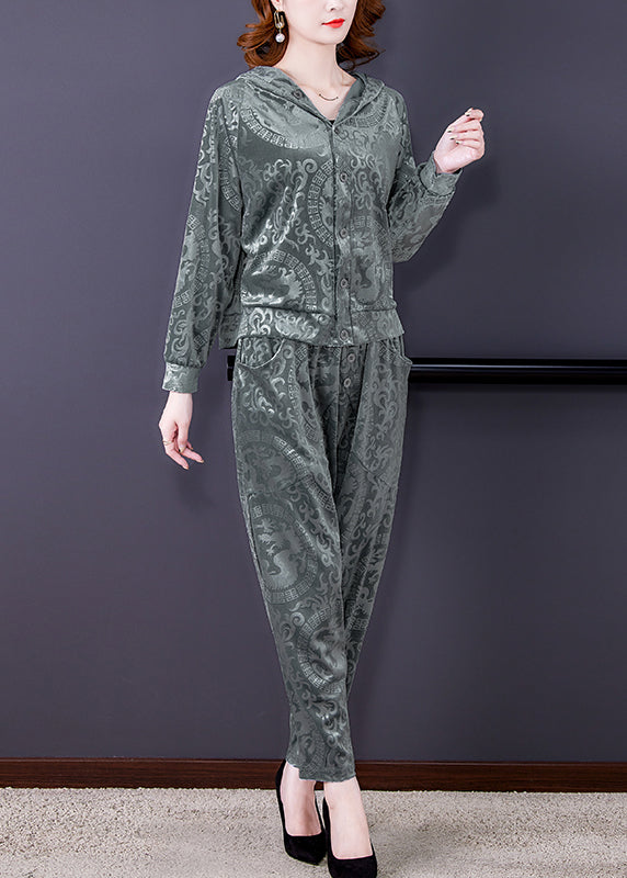 Grey Button Silk Velour Hooded Coats and Harem Pants Two Pieces Set Fall