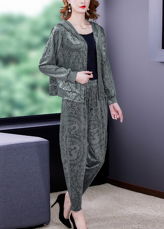 Grey Button Silk Velour Hooded Coats and Harem Pants Two Pieces Set Fall
