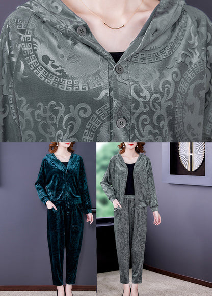 Grey Button Silk Velour Hooded Coats and Harem Pants Two Pieces Set Fall