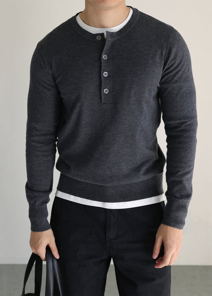 Grey Button Woolen Knit Sweater O Neck