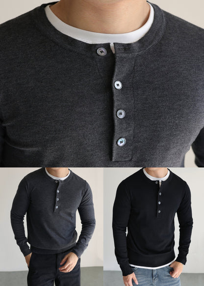 Grey Button Woolen Knit Sweater O Neck
