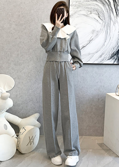 Grey Cotton Tops and Pants Sport Suit Ruffled Spring