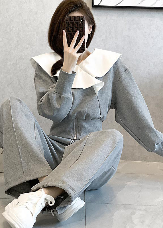 Grey Cotton Tops and Pants Sport Suit Ruffled Spring
