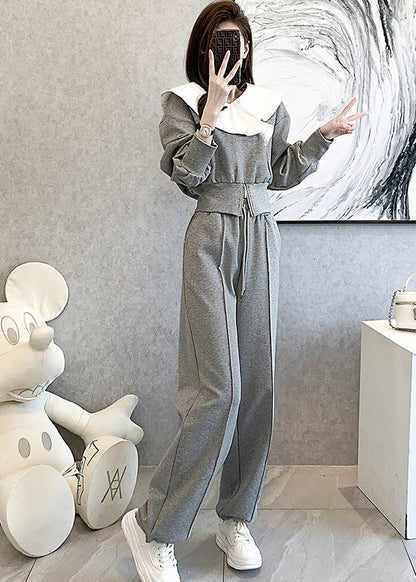 Grey Cotton Tops and Pants Sport Suit Ruffled Spring