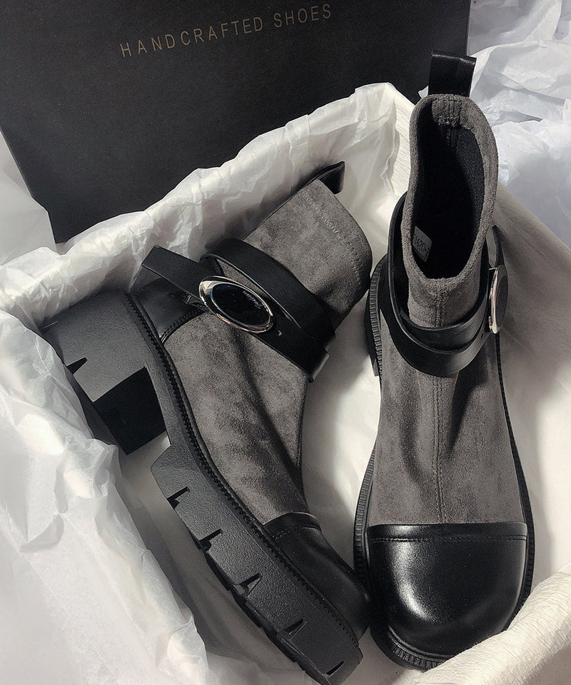 Grey Cowhide Leather Splicing Suede Boots