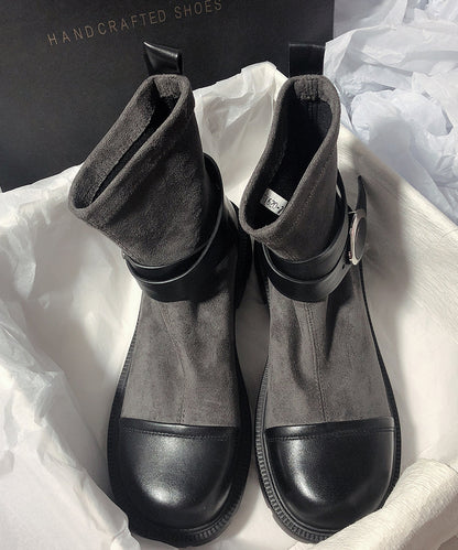 Grey Cowhide Leather Splicing Suede Boots