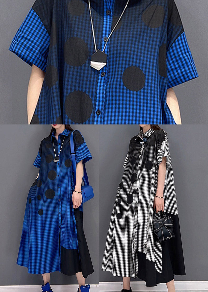 Grey Dot Print Patchwork Long Dress Loose Wrinkled Short Sleeve
