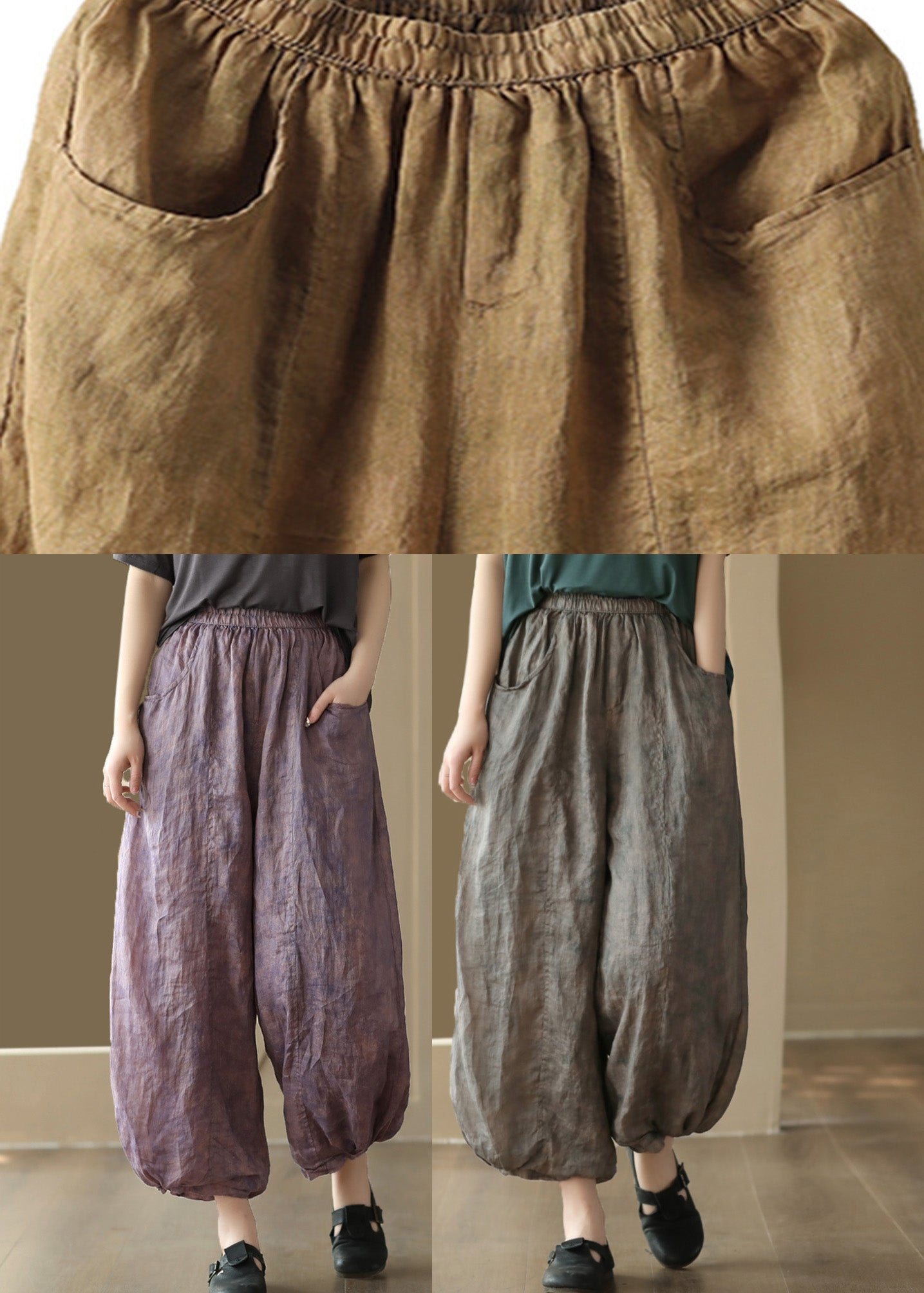 Grey Elastic Waist Ramie Lantern Pants