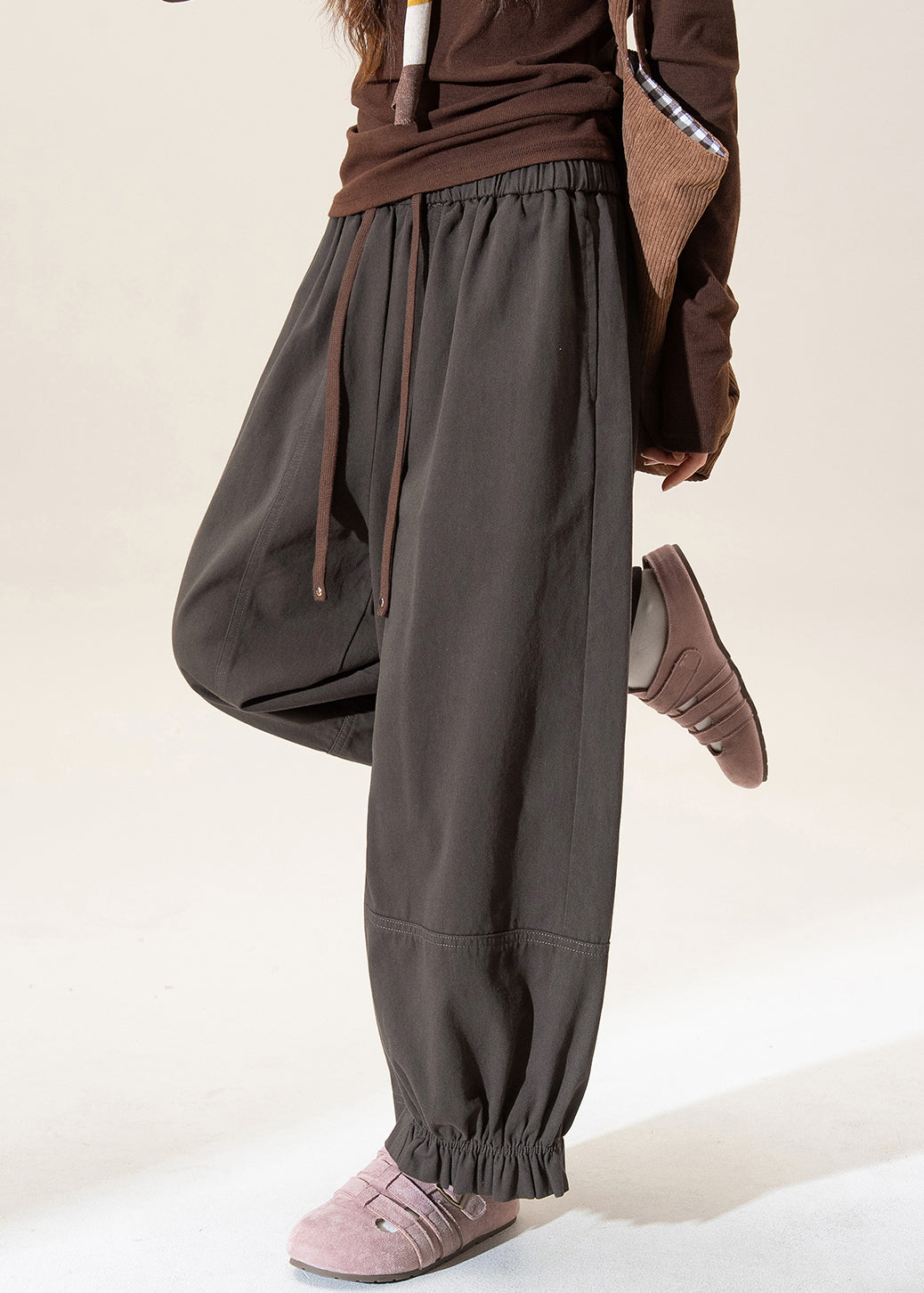 Grey Elastic Waist Tie Waist Lantern Pants Spring