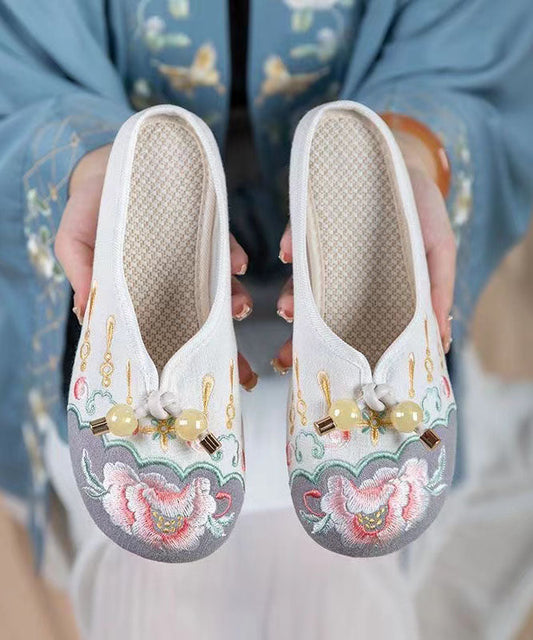 Grey Embroideried Cotton Fabric Splicing Slide Sandals