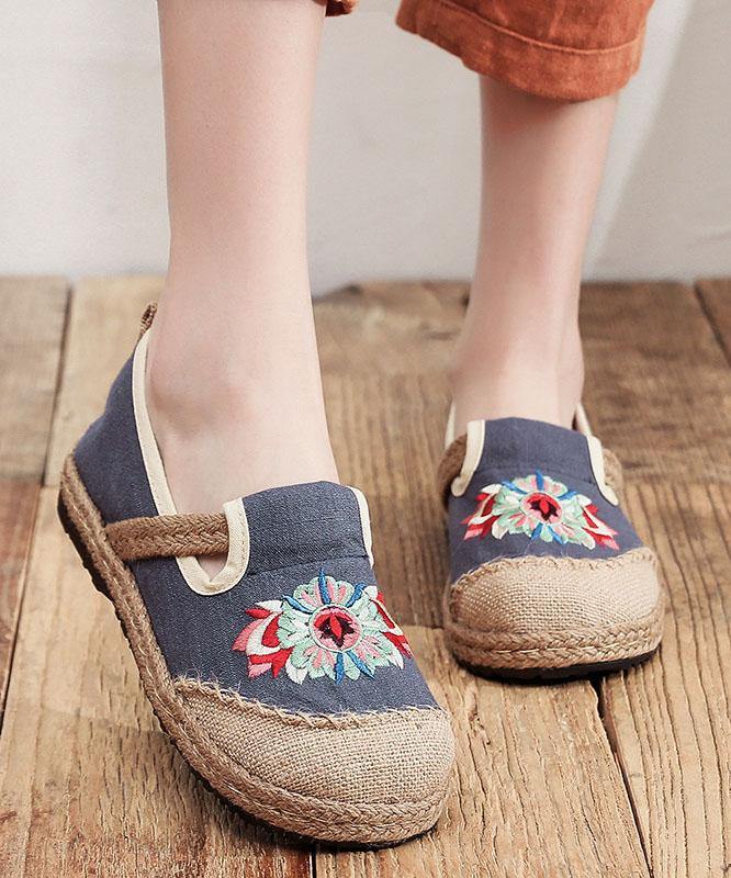 Grey Embroideried Flats Cotton Linen Fabric Boutique Flat Feet Shoes