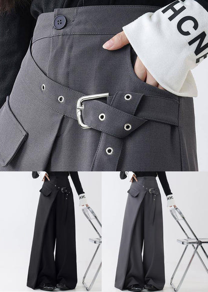 Grey False Two Pieces Spandex Fall Wide Leg Pants Pockets