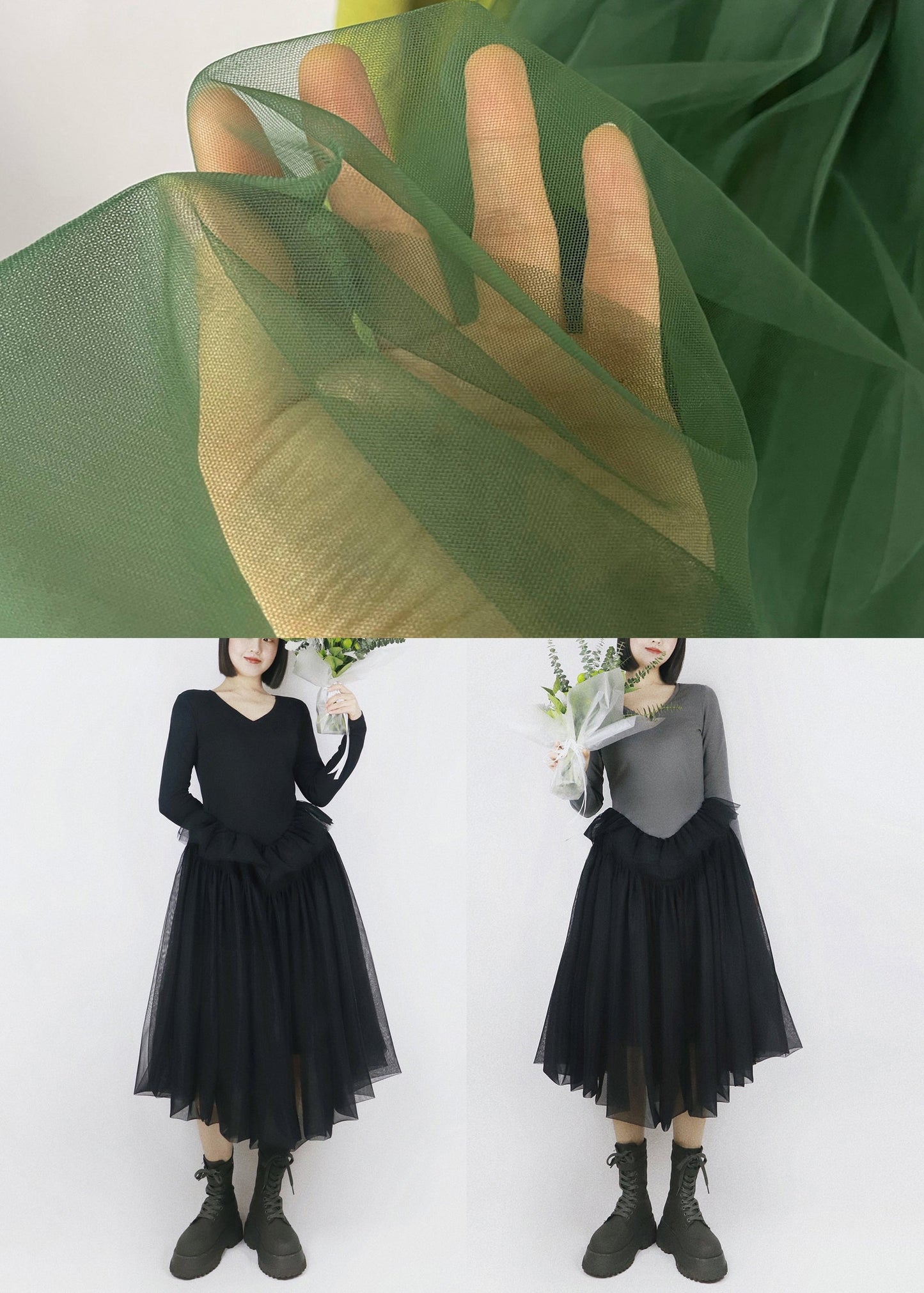 Grey False Two Pieces Tulle Patchwork Cotton Fall Dresses V Neck