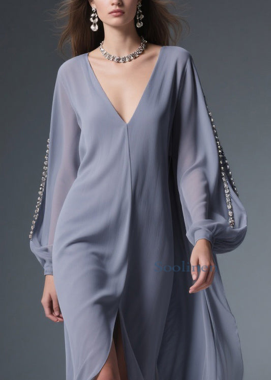 Grey Front Open Chiffon Long Dresses V Neck Spring