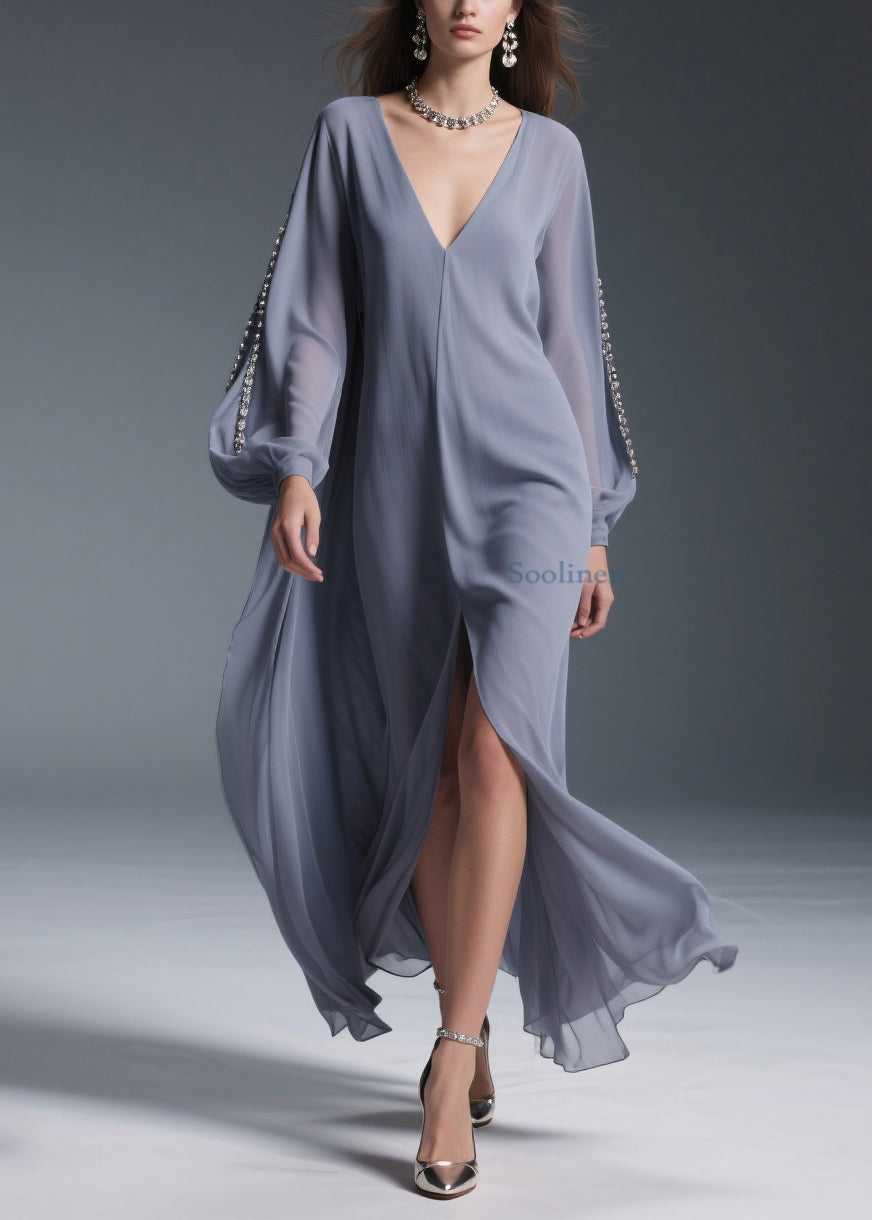 Grey Front Open Chiffon Long Dresses V Neck Spring