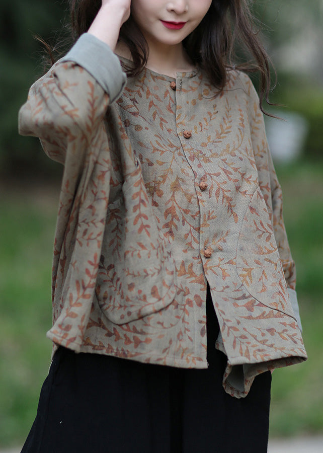 Grey Green O-neck Button Cotton Coats Spring