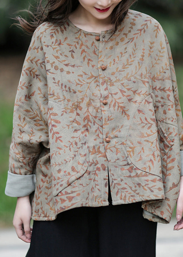 Grey Green O-neck Button Cotton Coats Spring