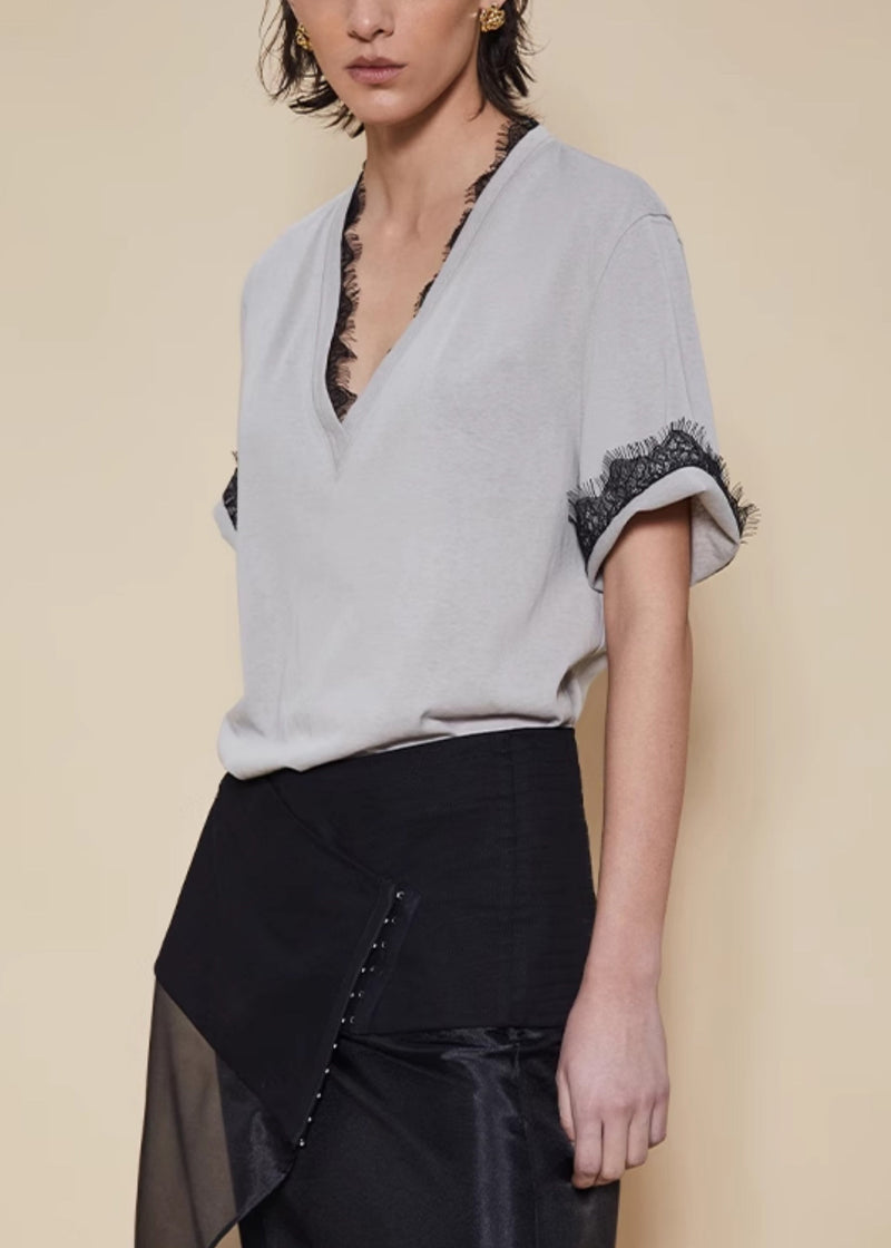 Grey Lace Cotton T Shirt V Neck Short Sleeve