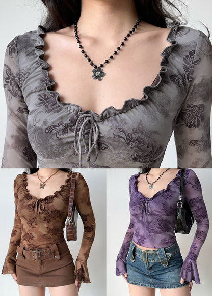 Grey Lace Up Cotton Flare Sleeve T Shirt Tops Ruffled