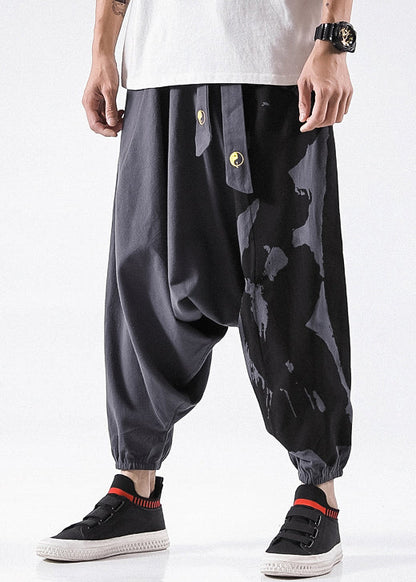 Grey Lace Up Loose Cotton Beam Pants High Waist