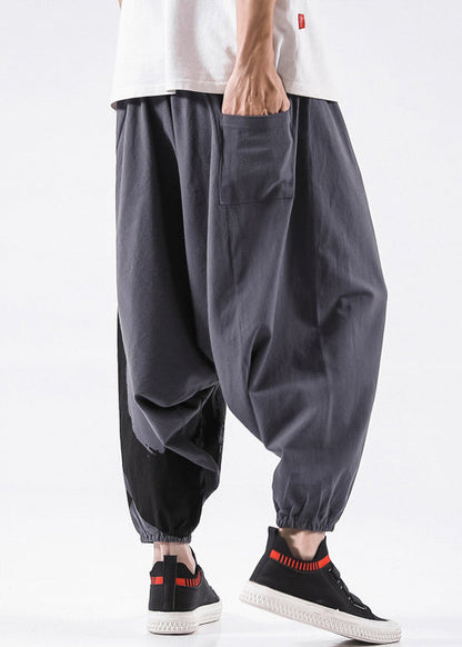 Grey Lace Up Loose Cotton Beam Pants High Waist