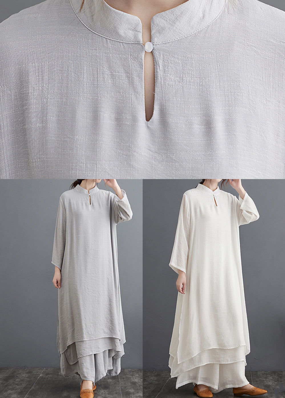 Grey Linen Two Piece Set Tops and Pants Clothing Spring Summer