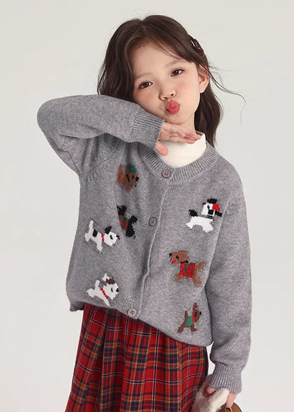Grey O-neck Button Cotton Knit Cardigan Spring