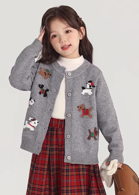 Grey O-neck Button Cotton Knit Cardigan Spring