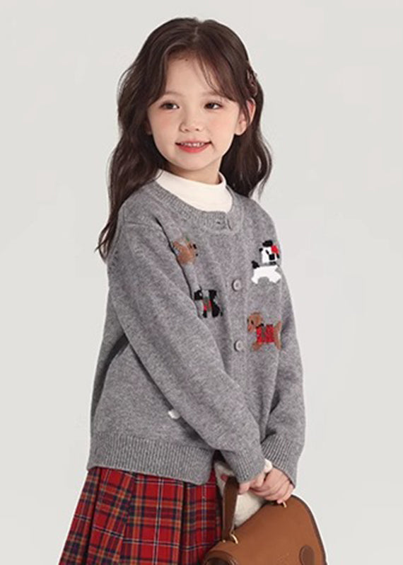 Grey O-neck Button Cotton Knit Cardigan Spring