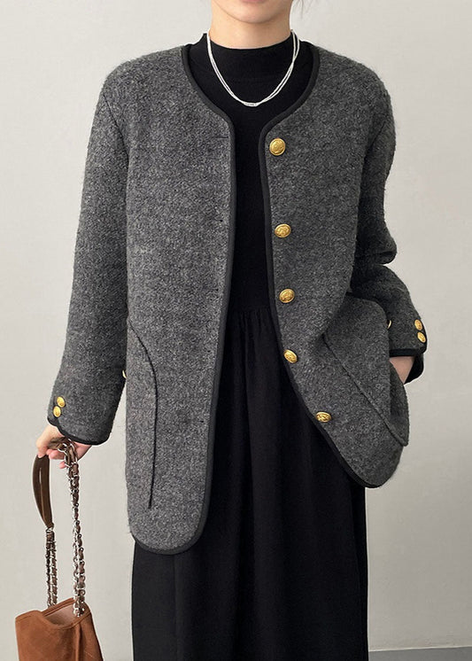 Grey O-neck Button Woolen Jackets Spring
