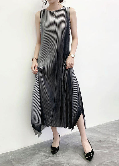 Grey O-neck Striped Gradient Color Long Dress Sleeveless