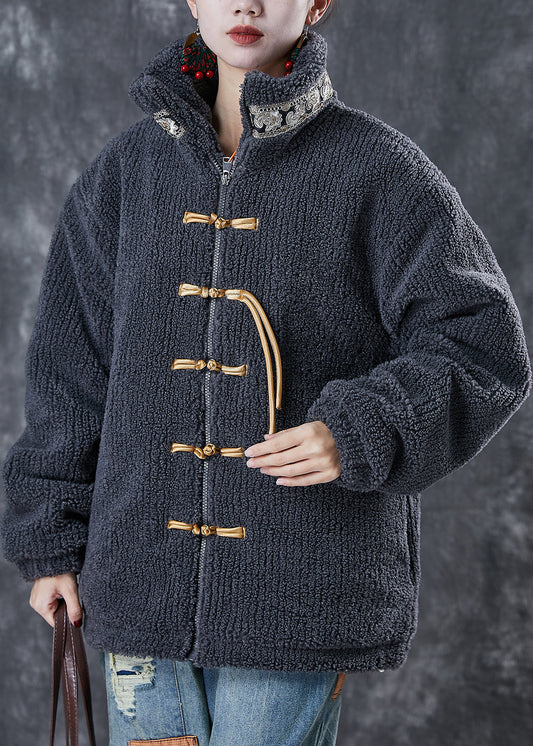 Grey Patchwork Chinese Button Fine Cotton Filled Coat Stand Collar Winter