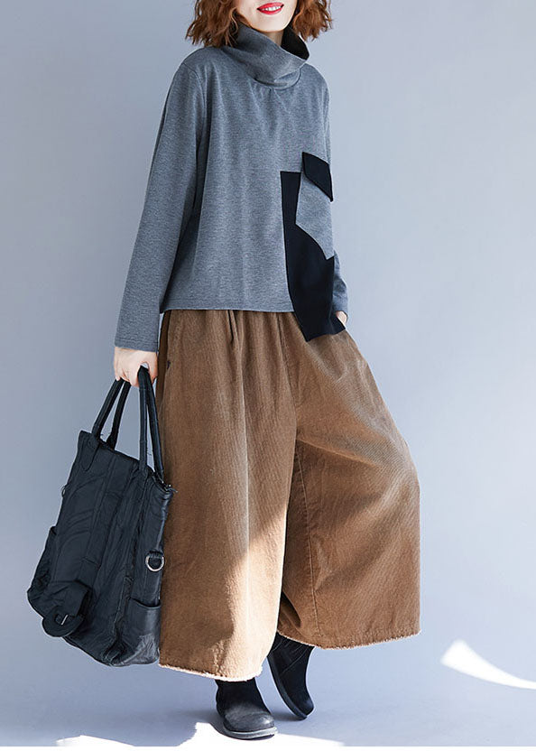 Grey Patchwork Cotton Loose Pullover Turtle Neck Spring