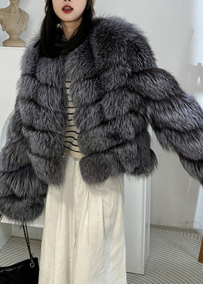 Grey Patchwork Leather and Fur Jacket Spring