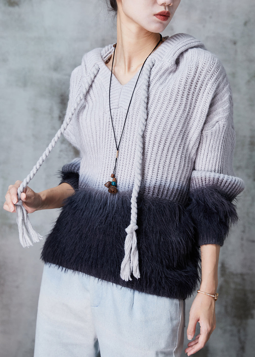 Grey Patchwork Mink Hair Knitted Sweatshirt Hooded Spring