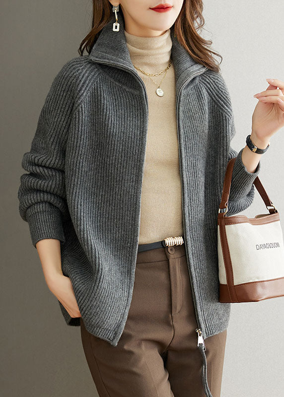 Grey Patchwork Wool Coats Peter Pan Collar Zippered Fall