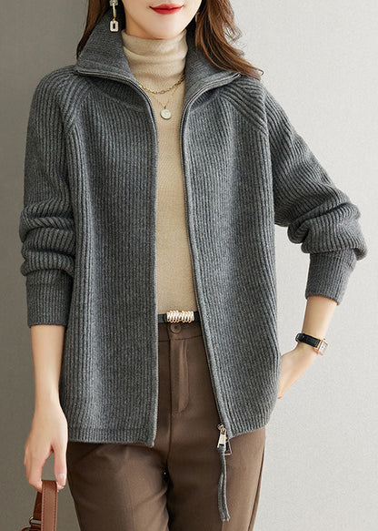 Grey Patchwork Wool Coats Peter Pan Collar Zippered Fall