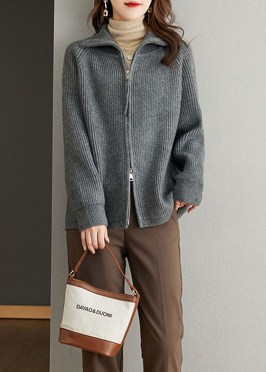 Grey Patchwork Wool Coats Peter Pan Collar Zippered Fall