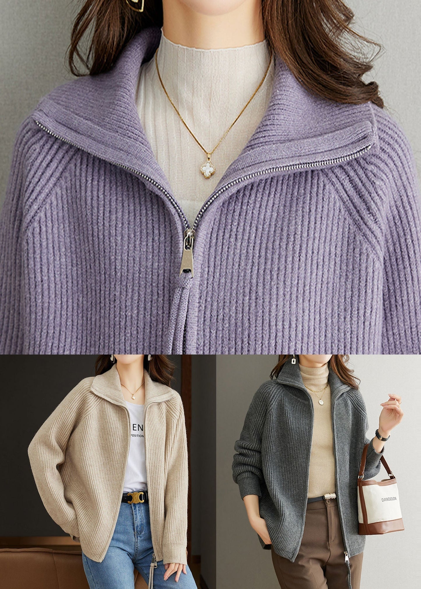 Grey Patchwork Wool Coats Peter Pan Collar Zippered Fall