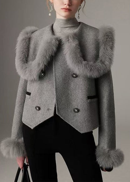 Grey Patchwork Wool Coat Peter Pan Collar Double Breast Winter
