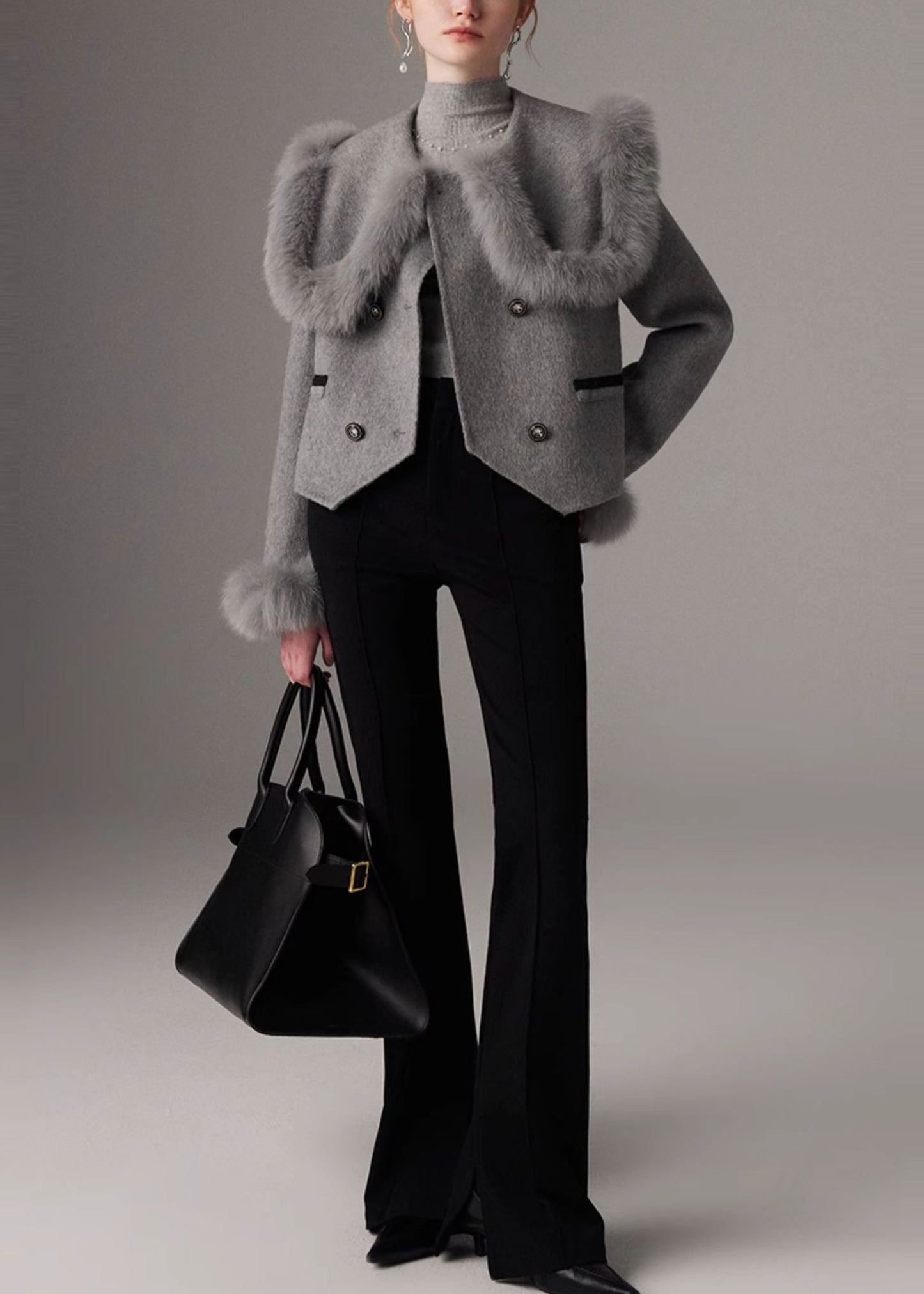 Grey Patchwork Wool Coat Peter Pan Collar Double Breast Winter