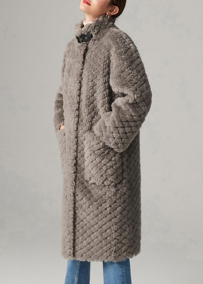 Grey Plaid Button Cozy Faux Fur Long Coats Winter