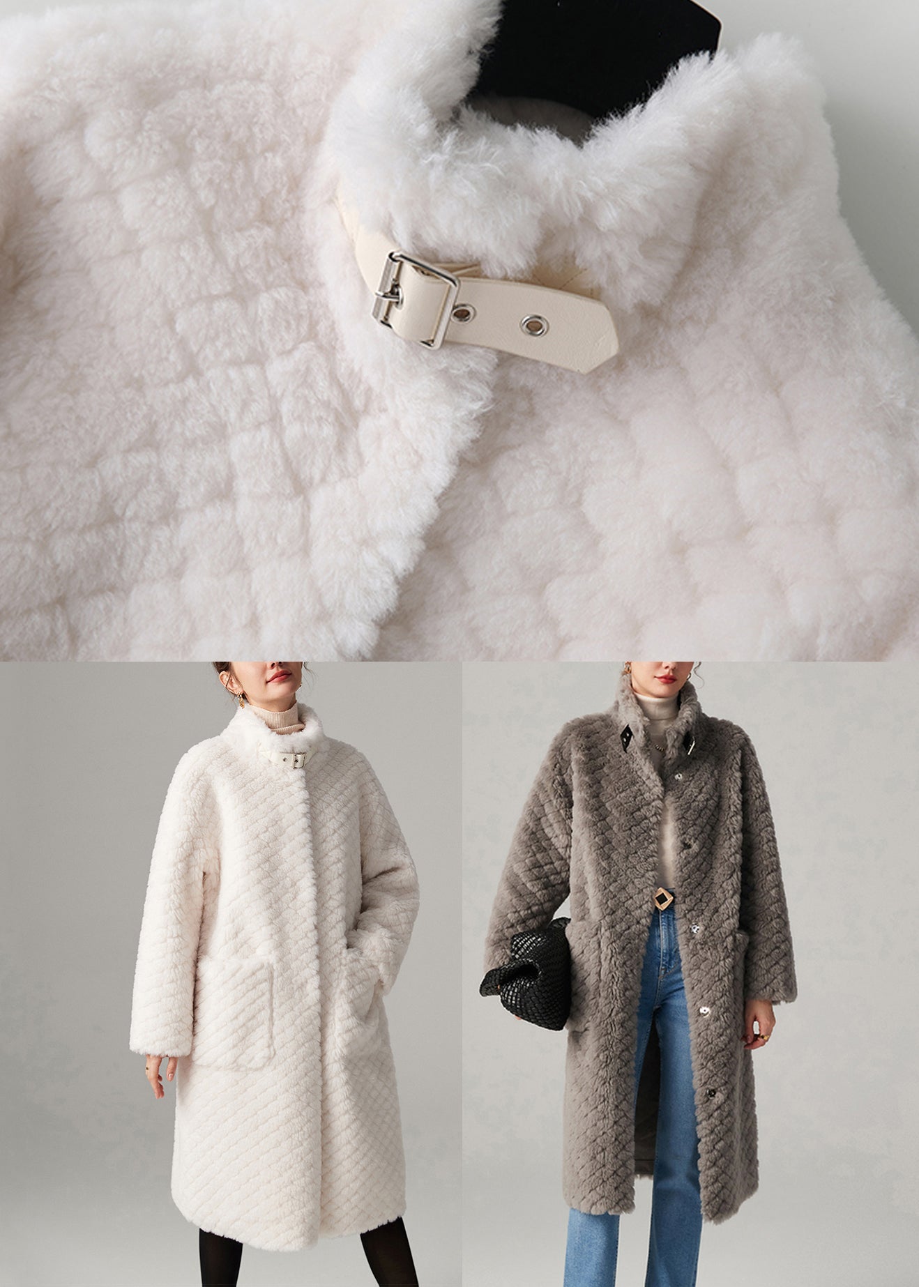 Grey Plaid Button Cozy Faux Fur Long Coats Winter