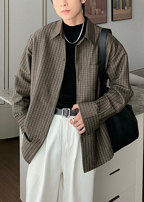 Grey Plaid Pockets Oversized Cotton Shirt Spring