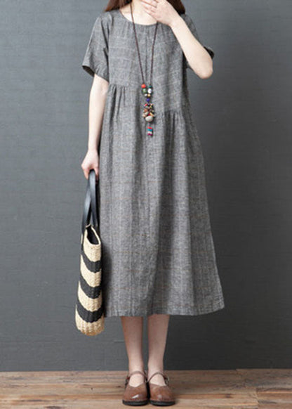 Grey Plaid Vacation Dress O-neck Cinched Short Sleeve