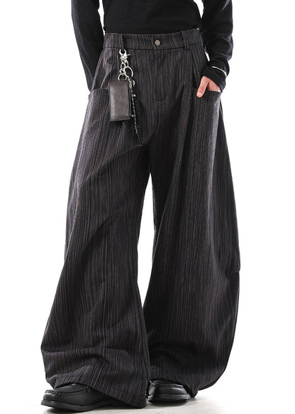 Grey Pockets Cotton Wide Leg Pants Elastic Waist
