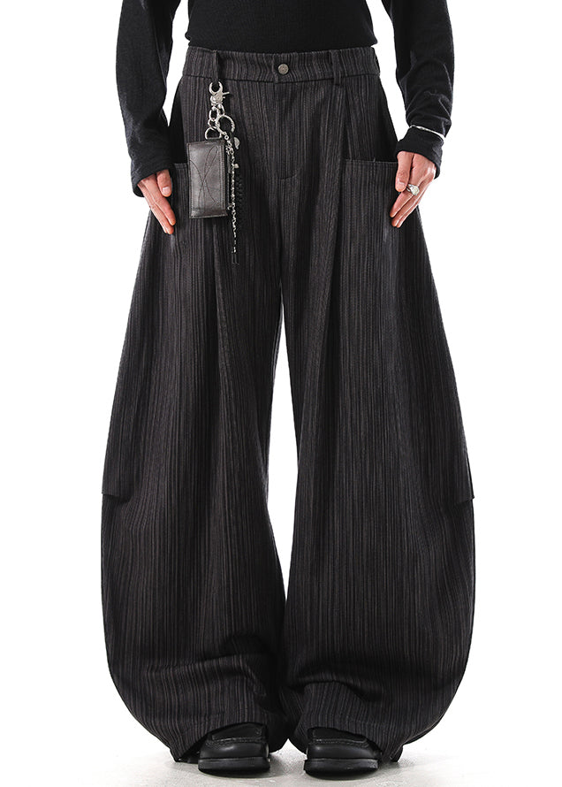 Grey Pockets Cotton Wide Leg Pants Elastic Waist