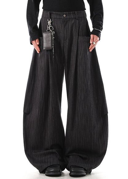 Grey Pockets Cotton Wide Leg Pants Elastic Waist