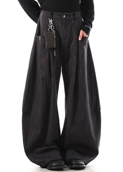 Grey Pockets Cotton Wide Leg Pants Elastic Waist